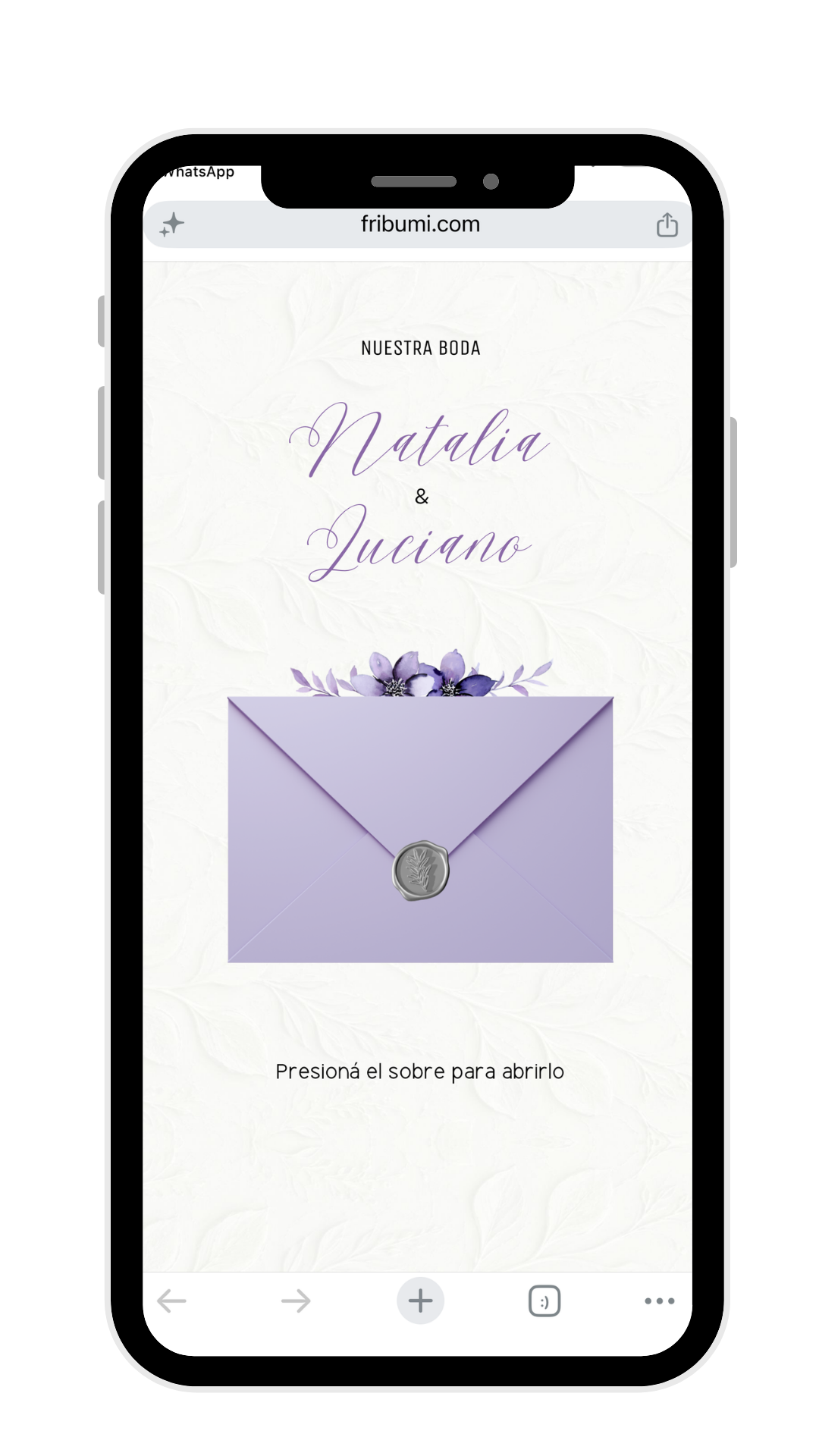 Invitación de casamiento de Natalia y Luciano, en lila y blanco